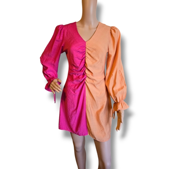 Women's Two Tones Flounce Sleeve Ruched Dress Pink/ Orange Peach - Picture 12 of 16